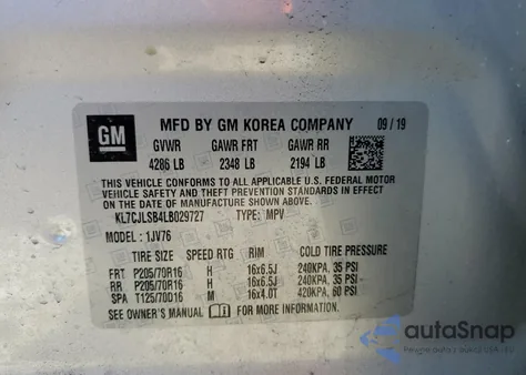 2020 Chevrolet Trax 1Lt z USA, uszkodzony, nr VIN KL7CJLSB4LB029727